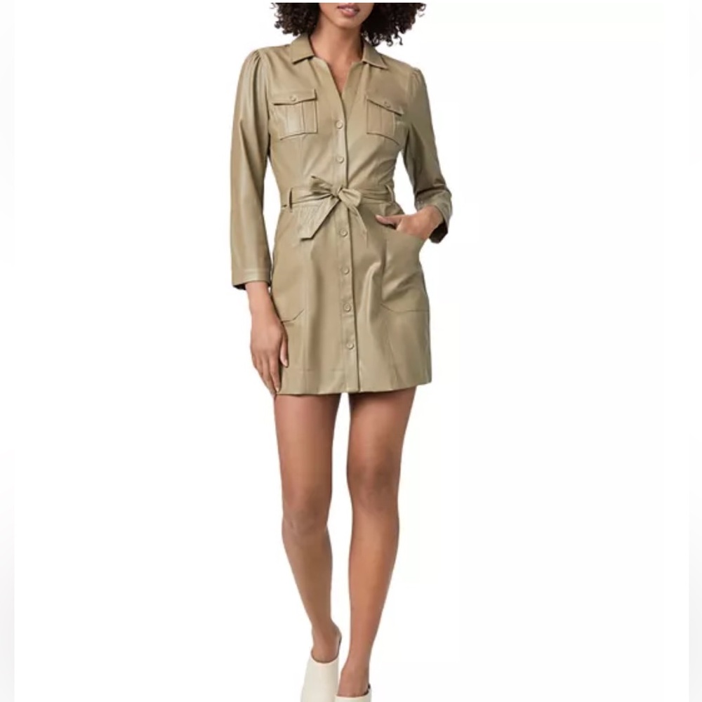 NWT🫒 PAIGE “Karmine” Olive Vegan Leather Belted Lined Mini Shirt Dress, Large
